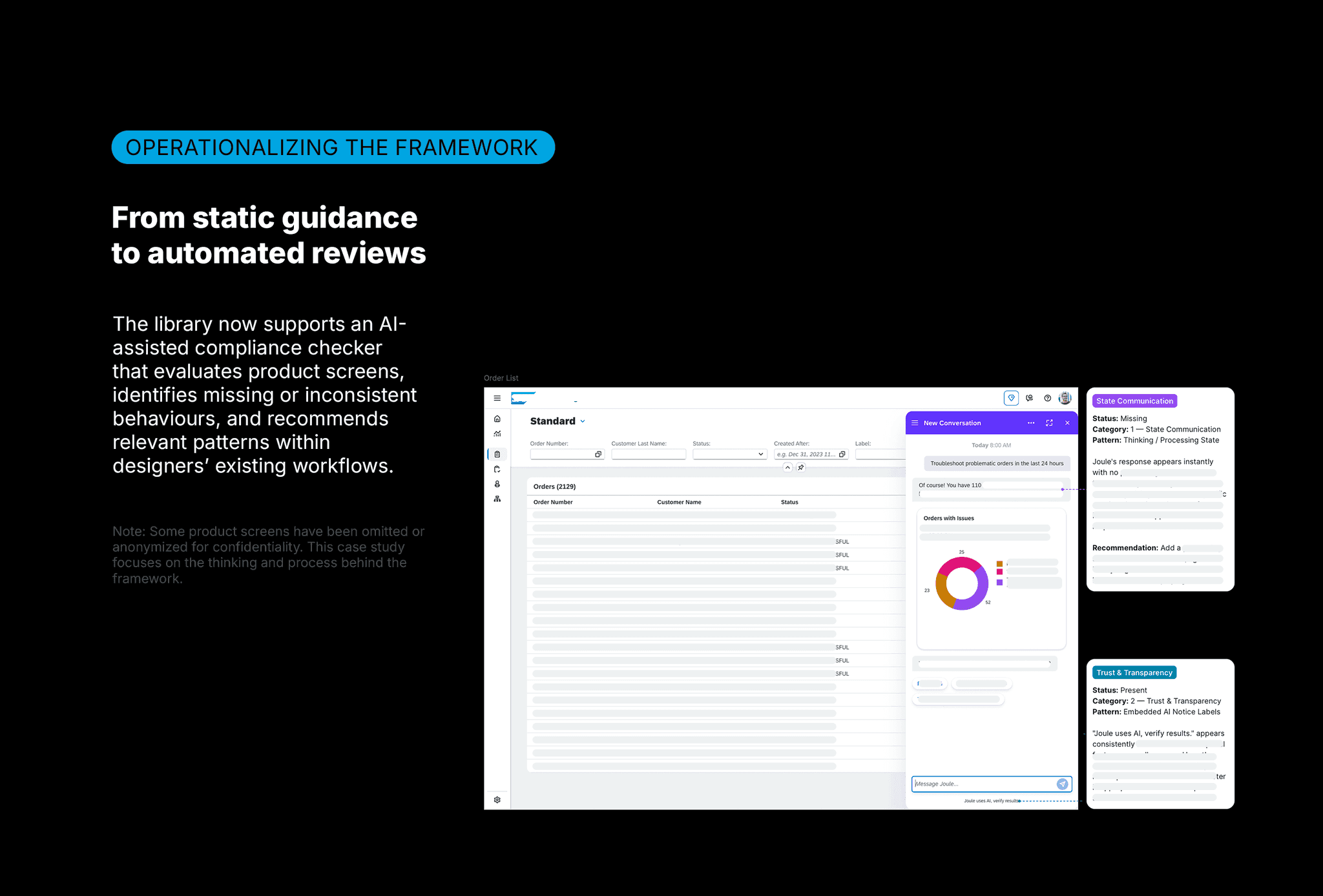 The compliance checker flagging patterns on a product screen. Some screens are anonymized for confidentiality.