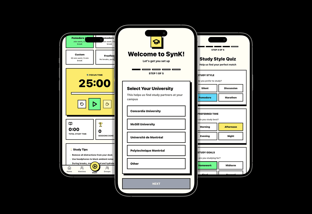 Focus timer, onboarding and study style quiz